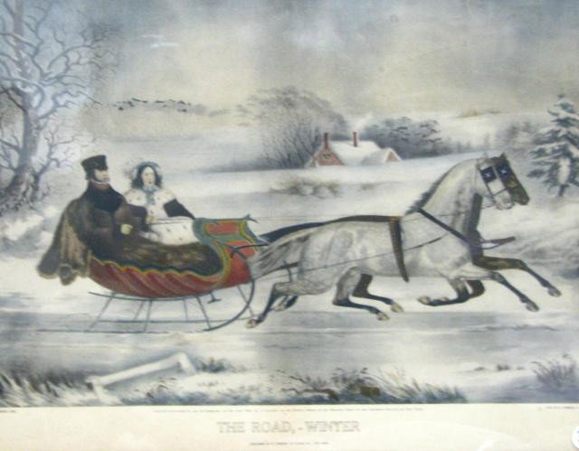 N Currier Litho, Antique, "The Road-Winter": Antique Nathaniel Currier lithograph, with hand coloring, entitled "The Road-Winter", Based on a drawing by Otto Knirsch, depicting a scene of a couple in a sled being pulled by a horse in a winter la