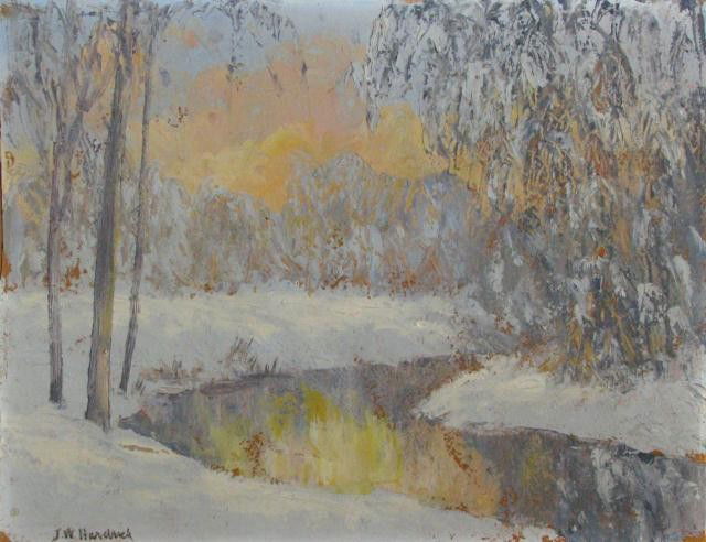 JW Hardrick 10x13 o/b River Snow: John Wesley Hardrick (American 1891-1968) 10 x 13 oil on board, signed lower left, depicting a winter snow, river landscape, unframed