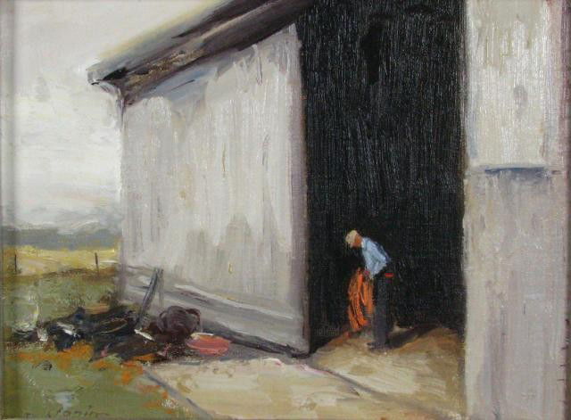 David Slonim 9x12 O/B Farmer: David Slonim (American, b 1966) 9 x 12 oil on board, signed lower left, depicting a farmer working inside a pole barn