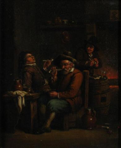 Unsigned, 19th C Genre 8x6.5 O/C Men Smoking Pipes: Unsigned oil on canvas, 8 x 6.5 inches, manner of the Dutch school, genre painting depicting men smoking pipes in an interior