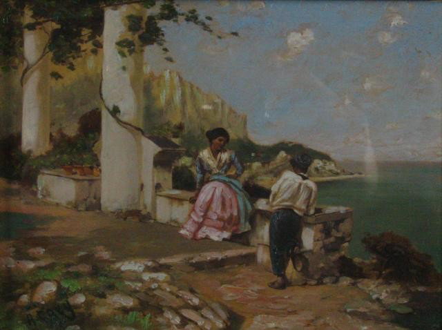 Unc Signed (IT School) 6x8 OC Romantic Couple: Unclearly Signed (A Cary?) 6 x 8 inches, oil on canvas, signed lower left, depicting a couple along a waterfront, circa 1890-1920, manner of the Italian School, presented in an ornate gold leaf frame,