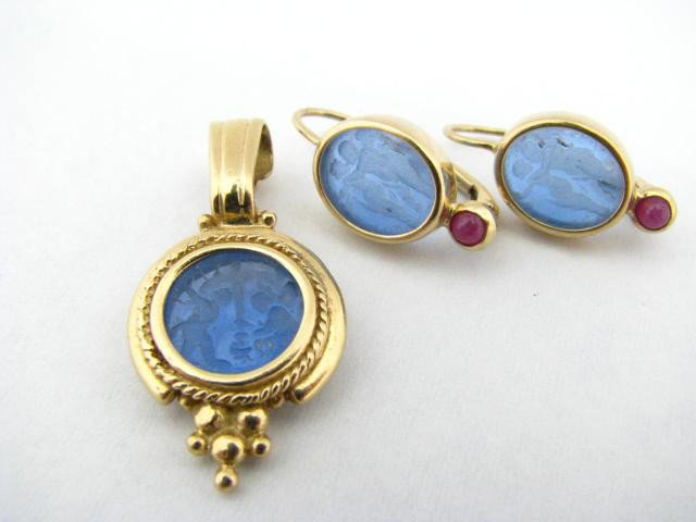 14K Yellow Gold Blue Intaglio Enhancer & Earrings: 14K Yellow Gold Blue Intaglio Cupid Motif Enhancer & Earrings with accent cabochon rubies
