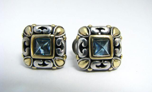 John Hardy Sterling and 18K Blue Topaz Earrings: John Hardy sterling and 18K yellow gold blue topaz earrings, approximately .625" square overall size