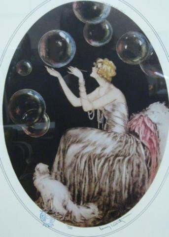 Two Louis Icart Signed/Numbered Prints: Two Louis Icart signed, numbered prints including "Blowing Bubbles" depicting woman blowing bubbles with cat, image size approximately 20" x 15" oval, size as framed approximately 30" x 24", with L. I