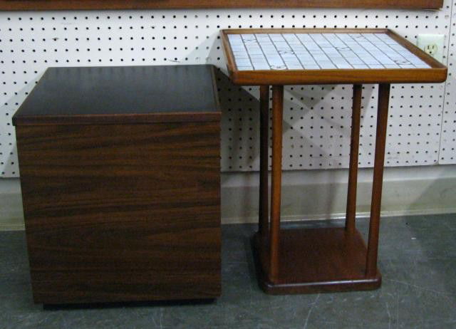 Two Vintage Side Tables: Two Vintage Side Tables including teak table with cast iron base weight and ceramic tile top, 20.5" high, top is 16.25" square and a 1965 Raymor Washington Woodcraft bar table, two pieces, walnut with