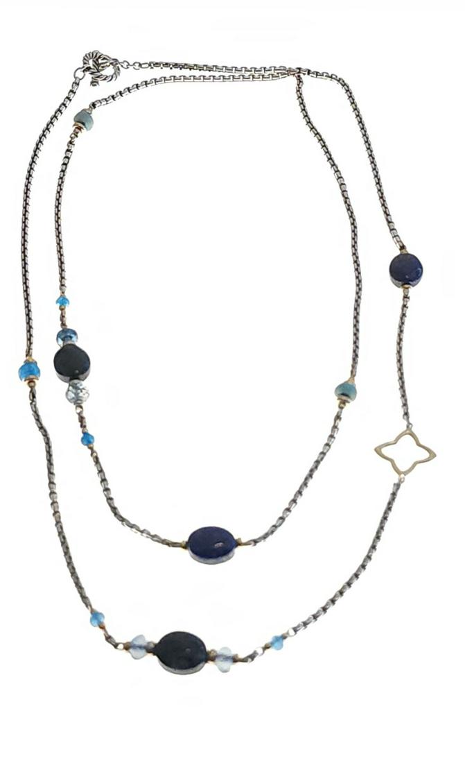 David Yurman Lapis, Turquoise Bijoux Necklace: A sterling silver David Yurman necklace with sterling silver and 18K yellow gold box chain featuring four oval lapis stones, two turquoise disc beads, and other faceted stones (blue topaz...). Also fe