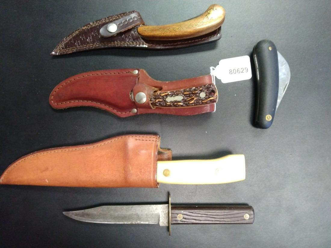 Group of Sporting Knives: A group of five sporting knives, including BW Custom straight knife with brass inlaid '4-leaf clover' handle', Damascus blade, 7.5" long overall, with leather sheath; Schrade+ Hunter's Companion with 