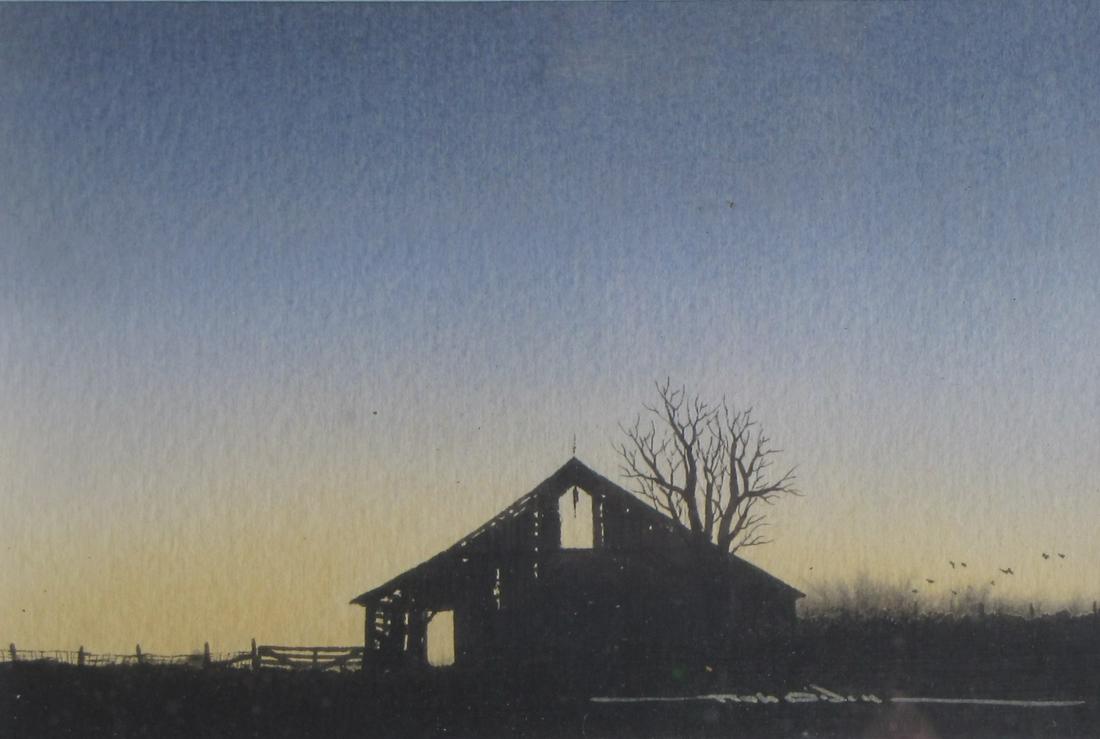 Rob O'Dell 6x9.25 WC Barn at Dusk: Rob O'Dell (IN, 1938 - 2017) 6x9.25 , WC , signed lower right , Barn at Dusk as framed: 12 X 15