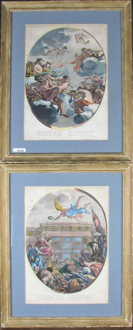 Pair of Hand-Colored Engravings, Framed: Pair of framed, hand-colored engravings, by Michel Dorigny, after Simon Vouet, detailed in Latin lower image, one begins "Athens is boundless where the palace rises in the worlds of gods....", and the
