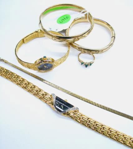 Group of Vintage Jewelry, Two Lady's Watches: Group of Vintage Jewelry, Two Lady's Watches including two gold filled bangles, Seiko watch, Sarah Coventry watch, 10k YG lady's ring with green stones