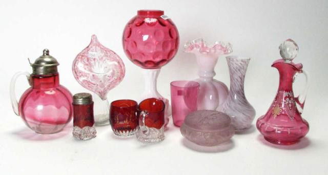 Group of Antique & Vintage Colored Glass: Group of Antique & Vintage Colored Glass including several items in cranberry, enameled decorated cruet, syrup pitcher, thumbprint fairy lamp 8.5" high, lidded dresser box, jack in the pulpit vase, sm
