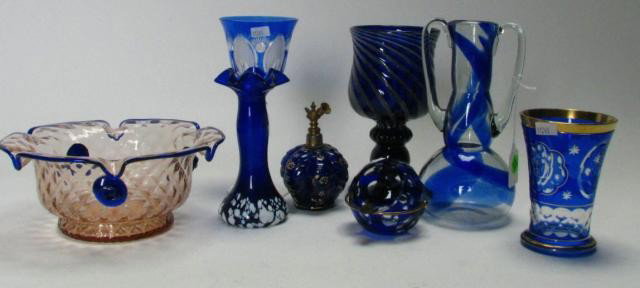 Group of Antique & Vintage Cobalt Glass: Group of Antique & Vintage Cobalt Glass including an 8" double handled vase, cut to clear wine stem, white mottled bud vase, ashtray, gold trimmed tumbler, enameled decorated drape atomizer, cut to cl