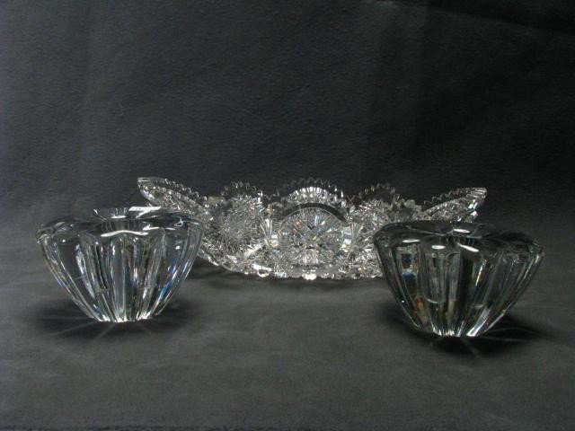 Orrefors Crystal Candle Holders, Relish Bowl: 11.5" oval cut glass relish bowl and pair of 2.25" tall Orrefors candle stick holders