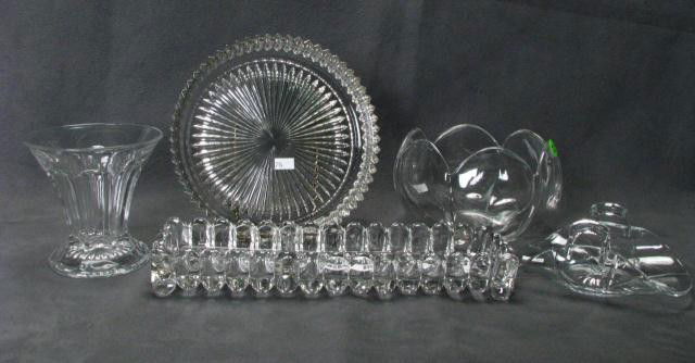 Group of Heisey Glass Table Accessories: Group of Heisey Glass Table Accessories including 12" long rectangular relish tray, 4.75" vase, 6.25" long basket, 8" shallow bowl and 4.7" flower petal motif bowl