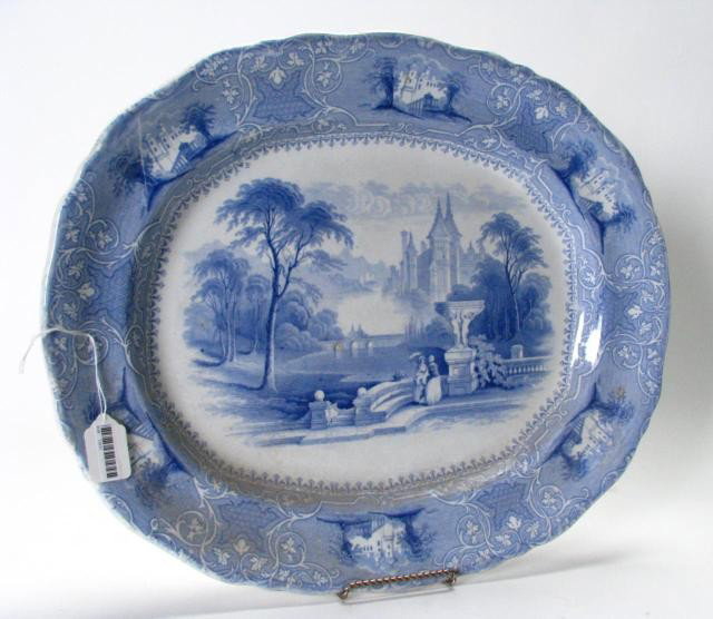 Scenic Blue & White English Meat Platter: Scenic Blue & White English Meat Platter by Lozere Ironstone, with classic decoration, 19" x 16" oval, unglazed firing points