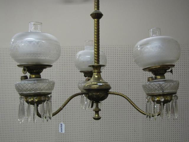 Antique, Brass, Hanging Light Fixture: Antique, Brass, Hanging Light Fixture, electrified with frosted shades and crystal prisms, three branch, approximately 34" tall