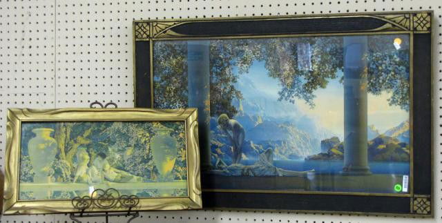 Two Maxfield Parrish Prints, 'Awakening','Garden': Two Maxfield Parrish Lithographs, including 'Awakening' in vintage carved frame, copyright House of Art, New York, size as framed 22.5 x 34.75, and 'Garden of Allah', depicting three figures in a gard