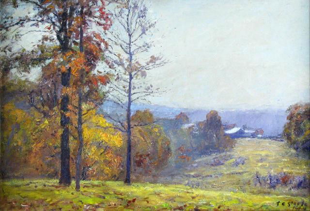TC Steele 22x32 O/C Autumn Vista: Theodore Clement Steele (IN, 1847-1926) 22 x 32 oil on canvas, signed at lower right, 1914, depicting a Brown County, IN, autumn landscape with distant farm/home buildings