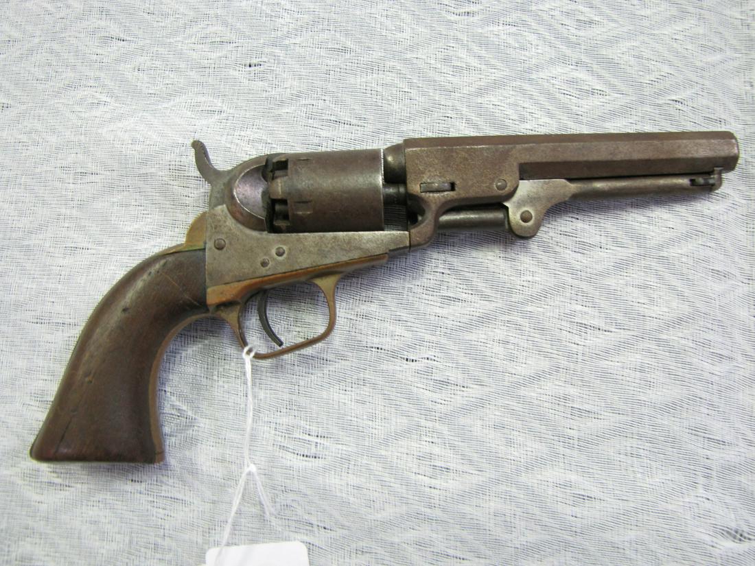 Antique Colt Mdl 1849 1st Model Revolver: Antique Colt 1849 model black powder Pocket revolver, 5-shot, .31cal, 1st model, brass backstrap and brass trigger guard, 5-inch octagon barrel, loading lever, faint stagecoach scene on cylinder; seri