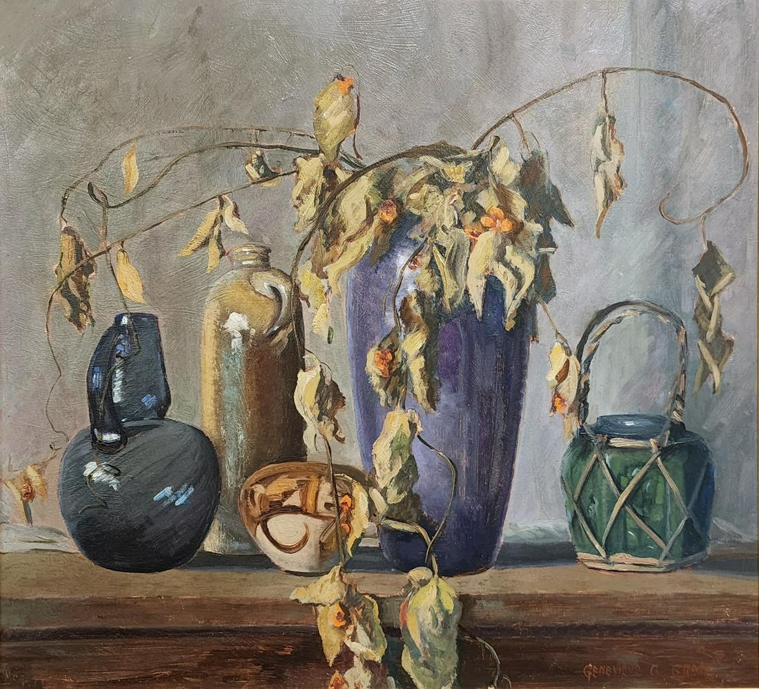Genevieve Goth Graf 24x26 O/B "Bittersweet": Genevieve Goth Graf (IN, 1890-1961) 24x26 , O/B , signed lower right , "Bittersweet" , Depicting: still life, vases, plants , Inscribed: on board verso, with #17 (BCAG?) , Provenance: Tweedy Collectio