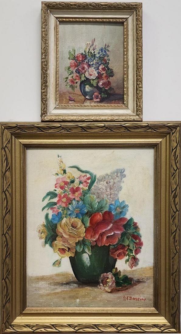 Glen F Bastian (2) O/B Floral Still Lifes: Glen F Bastian (IN/OH, 1890-1966) (2) , O/B , both signed lower right , Floral Still Lifes , Provenance: Tweedy Collection, Knightstown, IN first: 10x8, second: 5x4