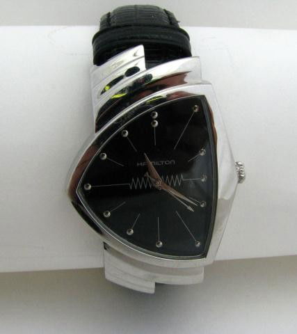 Hamilton Gentleman's Stainless Steel Watch: Hamilton Gentleman's Stainless Steel Watch, with geometric, retro style bezel, black face, chrome markers and hands, second hand, Hamilton black leather band, with box