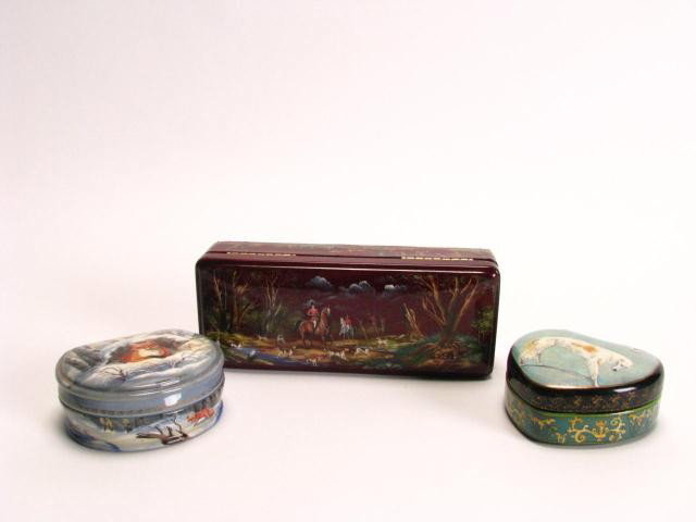 Group Of Three Russian Hinged Lacquer Boxes: Group Of Three Artist Signed Russian Hinged Lacquer Boxes, One Wooden With A Hand Painted Hunt Scene Motif 6.75" X 2.75" X 1.75", One Heart Shaped With Hand Painted Russian Wolf Hounds 3" X 3" X 1.25"
