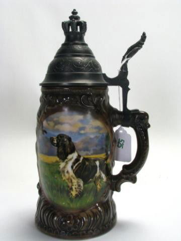 Pewter Lidded Stein, Pointing Brittanies: German Stein With Pewter Hinged Lid, With Scenic Pointing Brittany Panels, Marked On Underside With Crown And "Anno 1853"