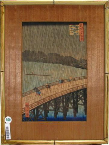 Ando Hiroshige "Oshashi Bridge" Color Woodcut: Ando Hiroshige (Japan, 1797-1858) Color Woodcut, "Oshashi Bridge & Atake in a Sudden Shower", from "One hundred famous landscapes from Edo", site size is 10.5 x 7, size as framed 15.5 x 11.5, signatur