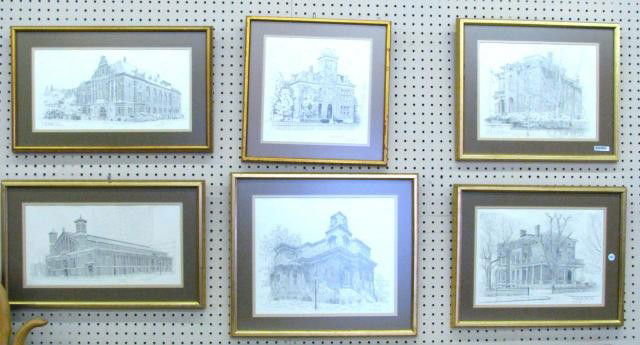 Set of Six, Steve Hull Indiana Architectural Print: Set of Six Steve Hull Indiana Architectural Prints depicting historic sites including James Whitcomb Riley home, the Morris Butler Home, the Benjamin Harrison Home, the Benton House, Anthenaeum, and O