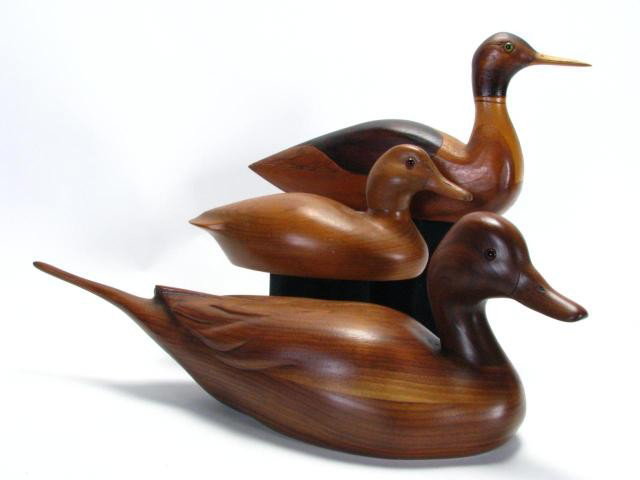 Three Stained Wood, Carved Duck Decoys, Marked: Three Stained Wood, Carved Duck Decoys Including Ducks Unlimited Lac La Croix, Ducks Unlimited Collection 954, By John Gerwerth, With Ducks Unlimited Limited Edition 1989-1990 Medallion Embedded In Un