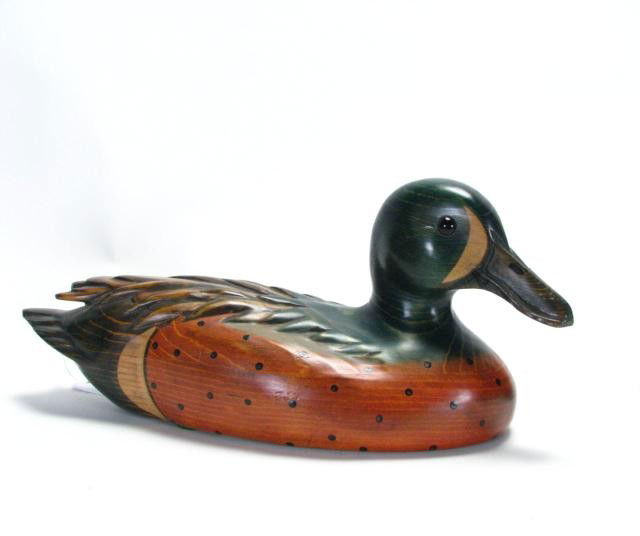 Tom Taber Duck Decoy: Tom Taber Duck Decoy, Signature Blue wing Teal #22, from 1985-86 season, bronze medallion and signature underneath