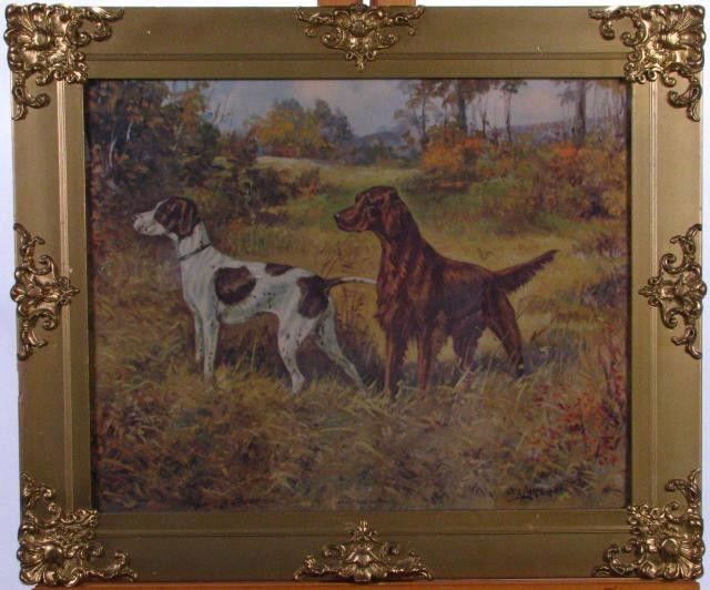 'Ready for Action', vintage lithograph by O Larsen: Vintage lithograph by Ole Larsen (MI/IL1898-1984), 16x20 image size, size as framed 21x25, titled 'Ready for Action', depicting an Irish Setter and an English Pointer in the field