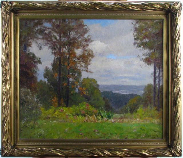 T.C. Steele 25 x 30 Oil on Canvas 'A Quiet Day': Theodore Clement Steele (American 1847 - 1926) 25 x 30, oil on canvas, signed lower right and dated 1915, entitled on stretcher "A Quiet Day", presented in original Herman Lieber frame