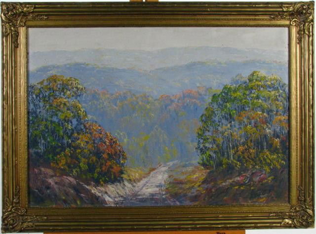 JW Hardrick 21x31 O/B Autumn Woods: John Wesley Hardrick (IN, 1891-1968), 21.5 x 31.75 oil on board, signed lower right, with original decorative frame, depicting path through autumn woods