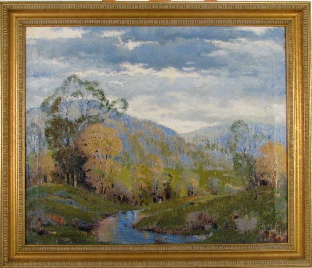 Ernest Fredericks 25x30 O/C Spring Mountains: Ernest Fredericks (AR/IL 1877-1959) 25 x 30 oil on canvas, signed lower left, depicting mountains and a creek in spring, presented in a Larson-Juhl frame
