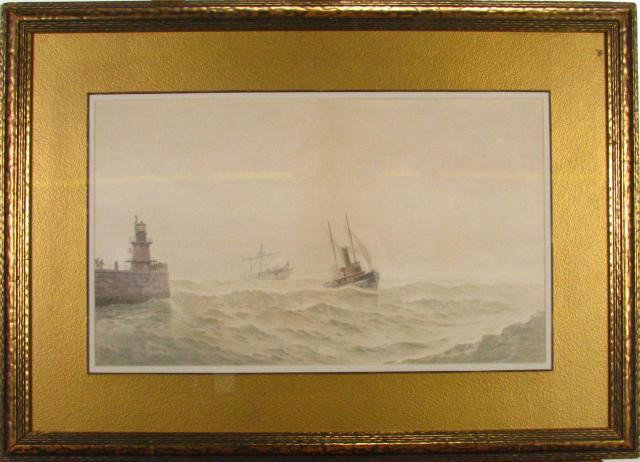 Frederick S Cozzens 13x21 WC Schooners, Figures: Frederic Schiller Cozzens (NY, 1846 - 1928) 13 x 21 watercolor, signed lower left, dated '96, depicting two schooners, lighthouse and figures