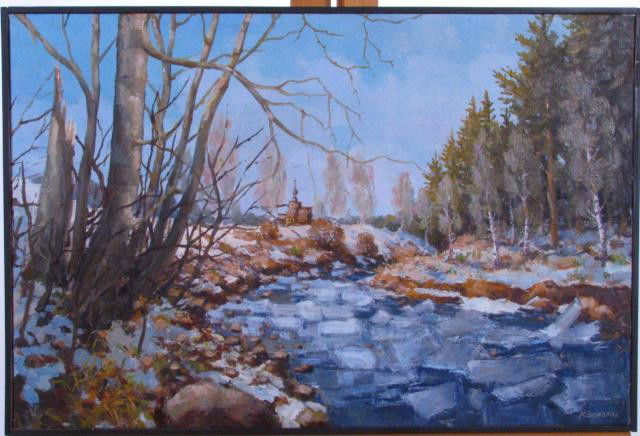 Ivan Verhovod 16x24 O/C Icy Creek: Ivan Verhovod (Russian, B 1941) 16.5 X 24.75 Oil On Canvas, Signed Lower Right, Inscribed Verso And Dated 1994, Depicting A Countryside Russian Creek With Ice, And Distant Building, Minister Of Cultur