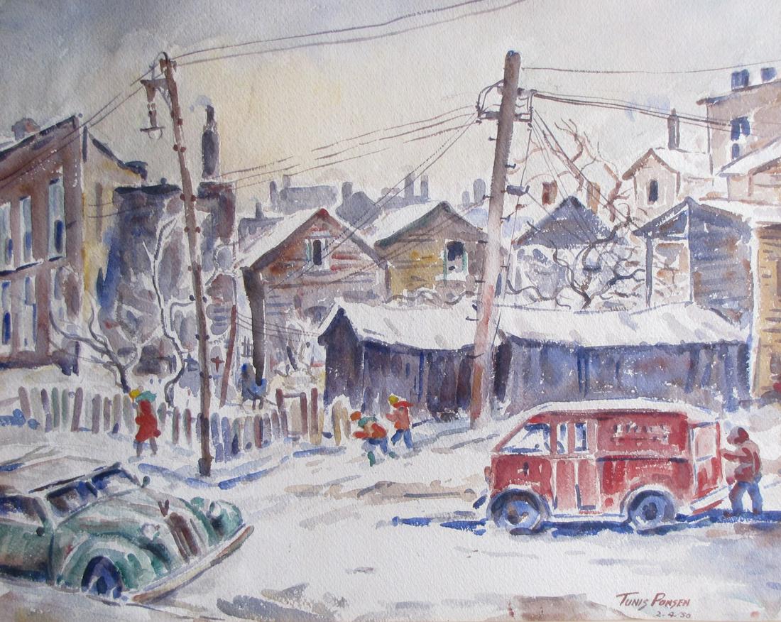 Tunis Ponsen 20x16 WC Urban Neighborhood: Tunis Ponsen (IL, 1891-1968) 20x16 , WC , signed lower right, 1950 , Urban Neighborhood , Depicting: figures, cars, houses, etc. , Condition: slight toning on image; needs rematted/remounted to lay fl