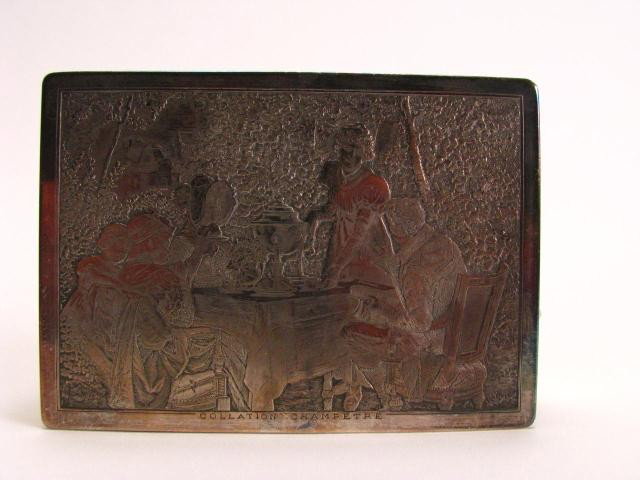 Scenic Russian Silver Hinged Box: Russian Silver Box In The French Style, Hammered Sides, "Collation Champetre" Early 19thc. Tea/coffee Scene On Lid, Lock And Key, Velvet Lined, 3 1/4" X 4 1/2".