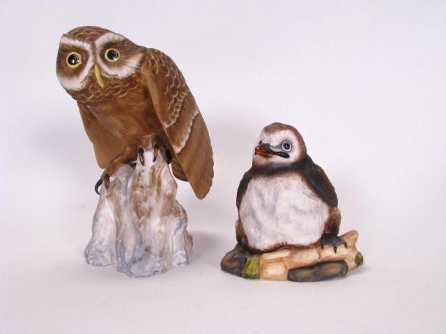 Two Porcelain Bird Figures, Spode, Boehm: Two porcelain bird figures, Spode owl, 9 inches high, a Boehm bird figure 5.5 inches high