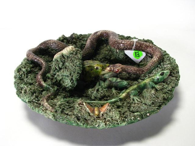 Pallisy Majolica, Jose Cunha, Charger, Serpents: Late 19th century Pallisy Majolica charger, by Jose Cunha, Portugal, moss-covered with serpents, frog, snail and lizard, 11 inch diameter, slight damage to moss