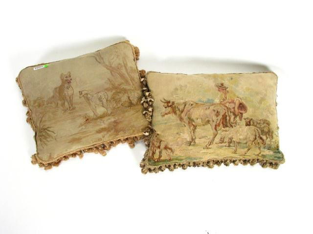 Two Scenic Pillows, Aubusson Fabric: Two scenic Aubusson antique pillows, 20x13, and 18x15, both in intended worn condition