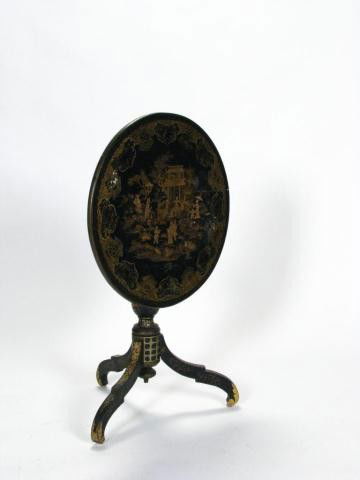 Antique Chinoiserie Tilt-Top Table: Antique Chinoiserie tilt-top table with tripod pedestal base, with gold enamel decoration, in 'up' position it is 33 inches high, top is 20 inches diameter