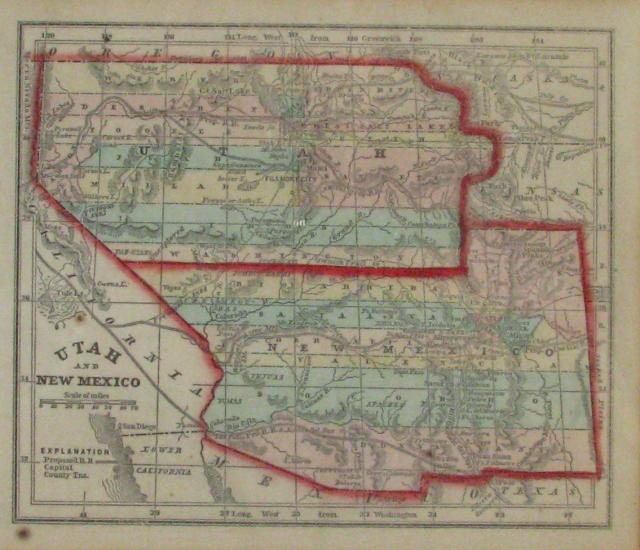 Antique Map of Utah and New Mexico: Antique map of Utah and New Mexico, prior to the break-up into four territories, many towns identified, image size 6x5, framed
