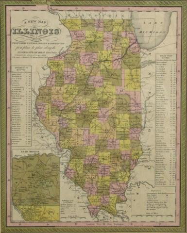 Antique 'New Map of Illinois' Stage and Steamboat: Antique 'New Map of Illinois', with proposed canals, roads and distances from place to place along the stage and steamboat routes, published by S. Augustus Mitchell, NE Corner of Market and 7th Street