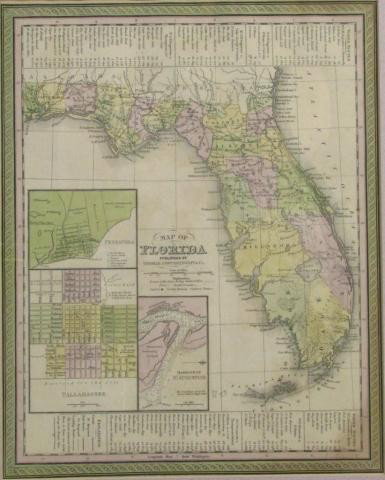 Antique Map of Florida, 1851: Antique, hand-colored map of Florida, pub by Thomas, Copperthwaite, 1851, forts and trails shown, no sign of Miami, Tampa, decorative border, image size 11.5 x 14.5, framed
