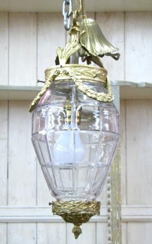 French Style Hanging Light: French style hanging light fixture, gilt metal frame and beveled crystal shade, fixture is approximately 16 inches high