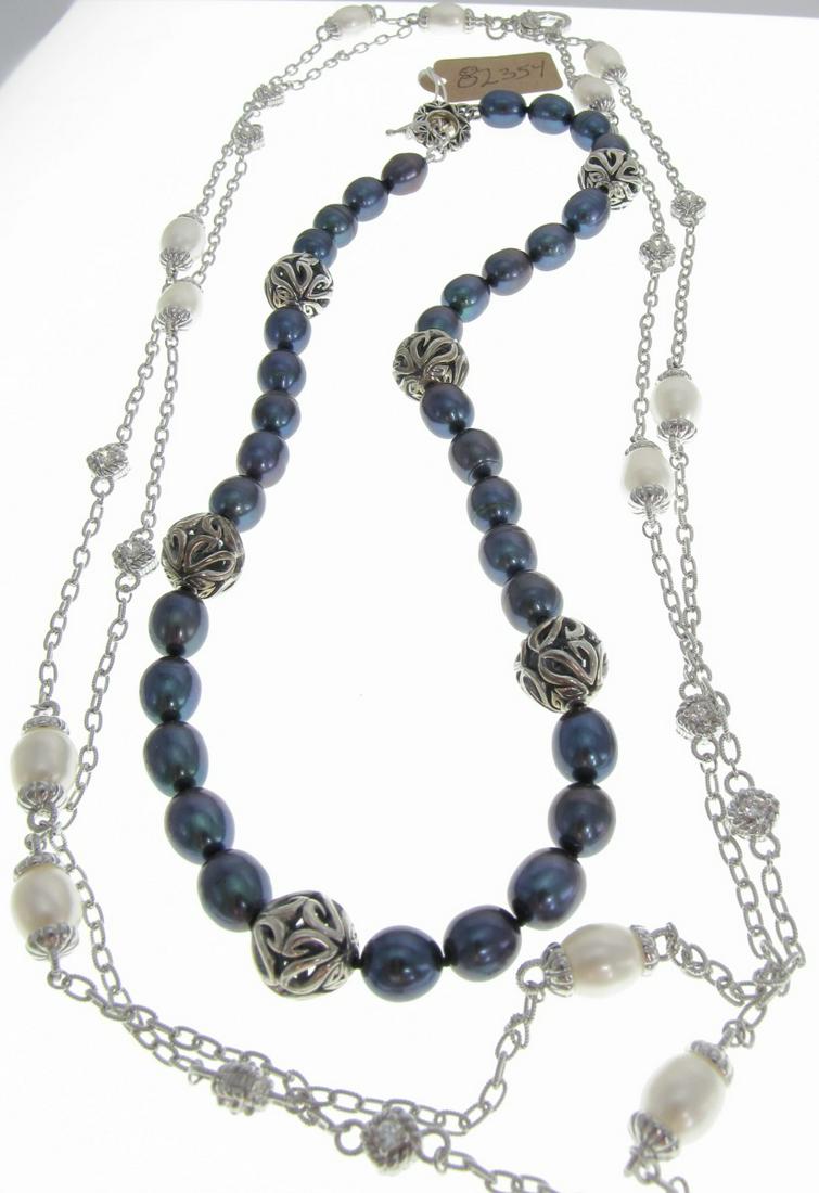 (2) Sterling Silver and Pearl Necklaces: Two, sterling silver and pearl necklaces, including 52" Judith Ripka with cultured pearls and CZ stations, and unclearly signed cultured black pearl necklace with sterling ball stations and toggle cla