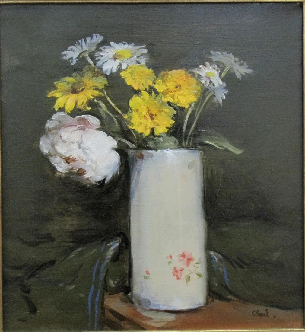 Thomas Torak 14x13 O/C "The Last Peony": Thomas Torak (Amer, Active) 14x13 , O/C , Signed Lower Right , "The Last Peony" , Depicting: Still Life Flowers in Vase , Titled: Titled Verso , Provenance: Carmen Holeman Trust Size as framed 19" x 1